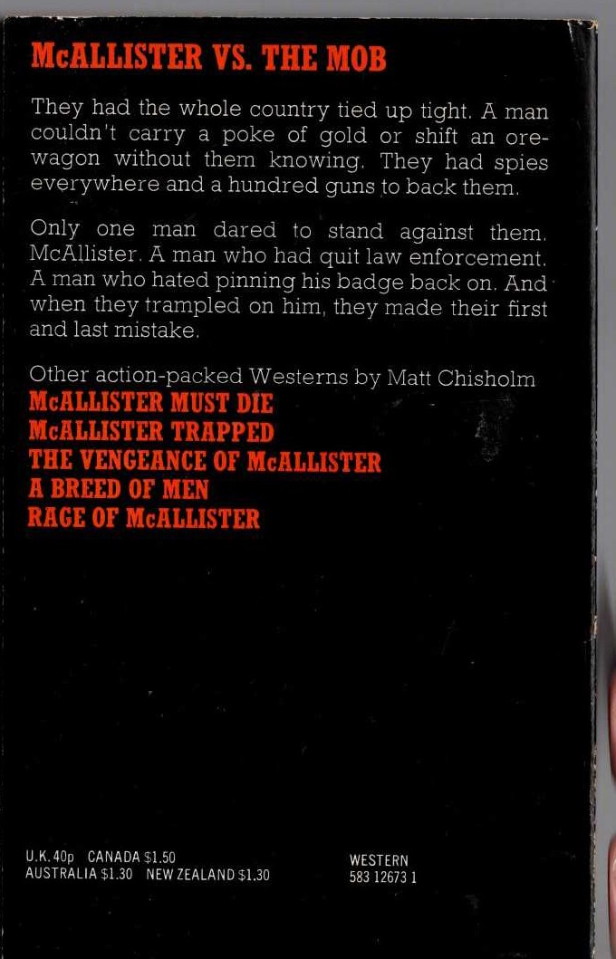 Matt Chisholm  McALLISTER - DEATH AT NOON magnified rear book cover image