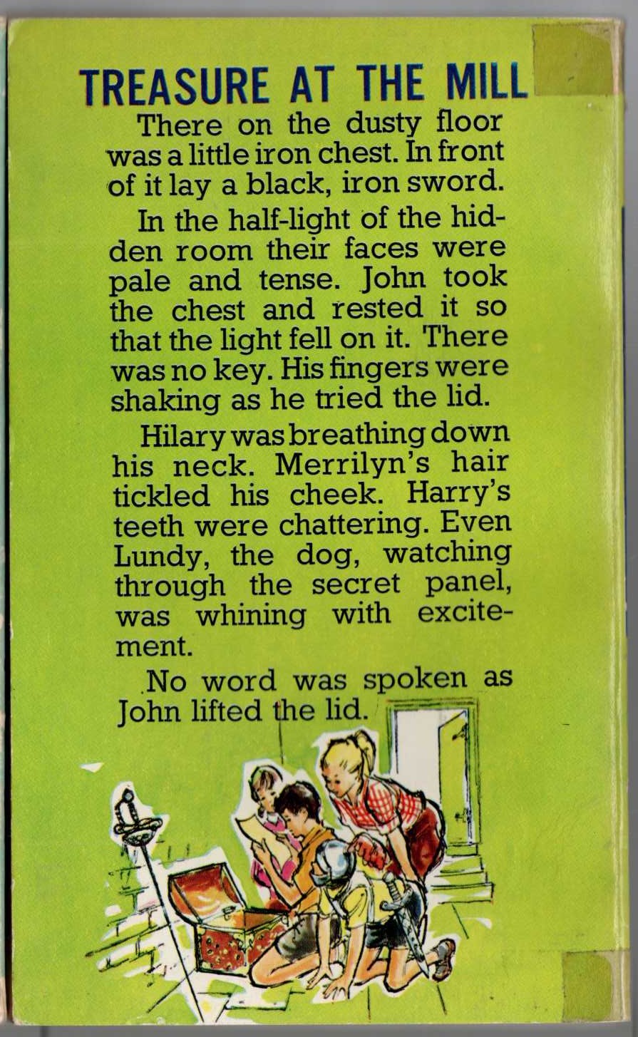 Malcolm Saville  TREASURE AT THE MILL magnified rear book cover image