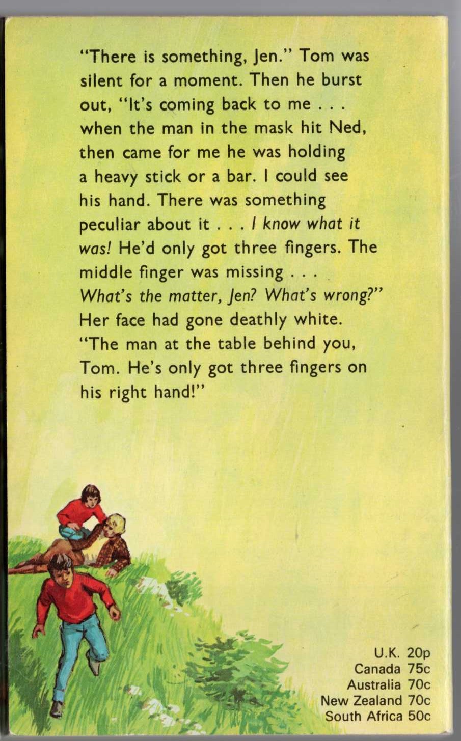 Malcolm Saville  MAN WITH THREE FINGERS magnified rear book cover image