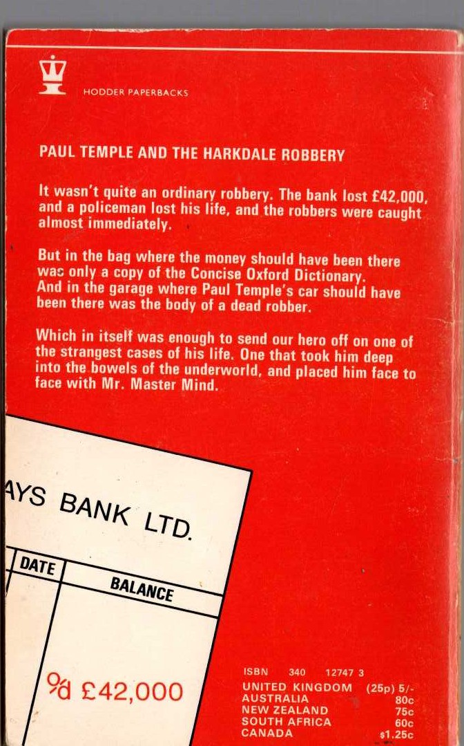 Francis Durbridge  PAUL TEMPLE AND THE HARKDALE ROBBERY (TV tie-in) magnified rear book cover image