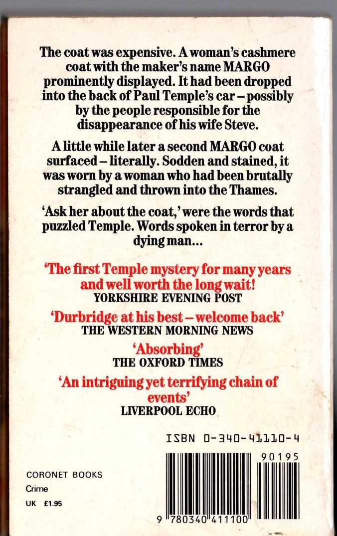 Francis Durbridge  PAUL TEMPLE AND THE MARGO MYSTERY magnified rear book cover image