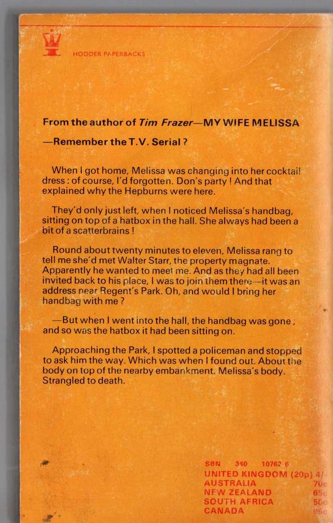 Francis Durbridge  MY WIFE MELISSA magnified rear book cover image