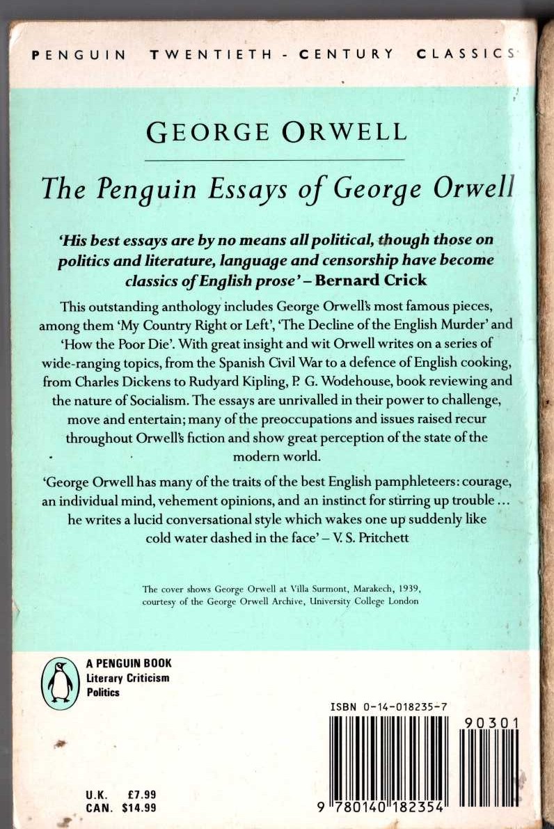 George Orwell  THE PENGUIN ESSAYS OF GEORGE ORWELL magnified rear book cover image
