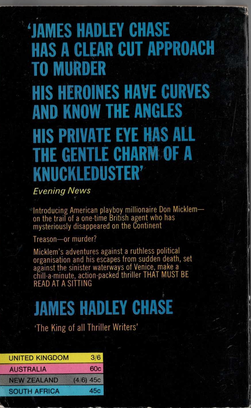 James Hadley Chase  MISSION TO VENICE magnified rear book cover image