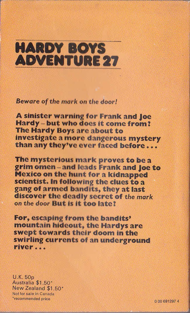 Franklin W. Dixon  THE HARDY BOYS: THE MARK ON THE DOOR magnified rear book cover image