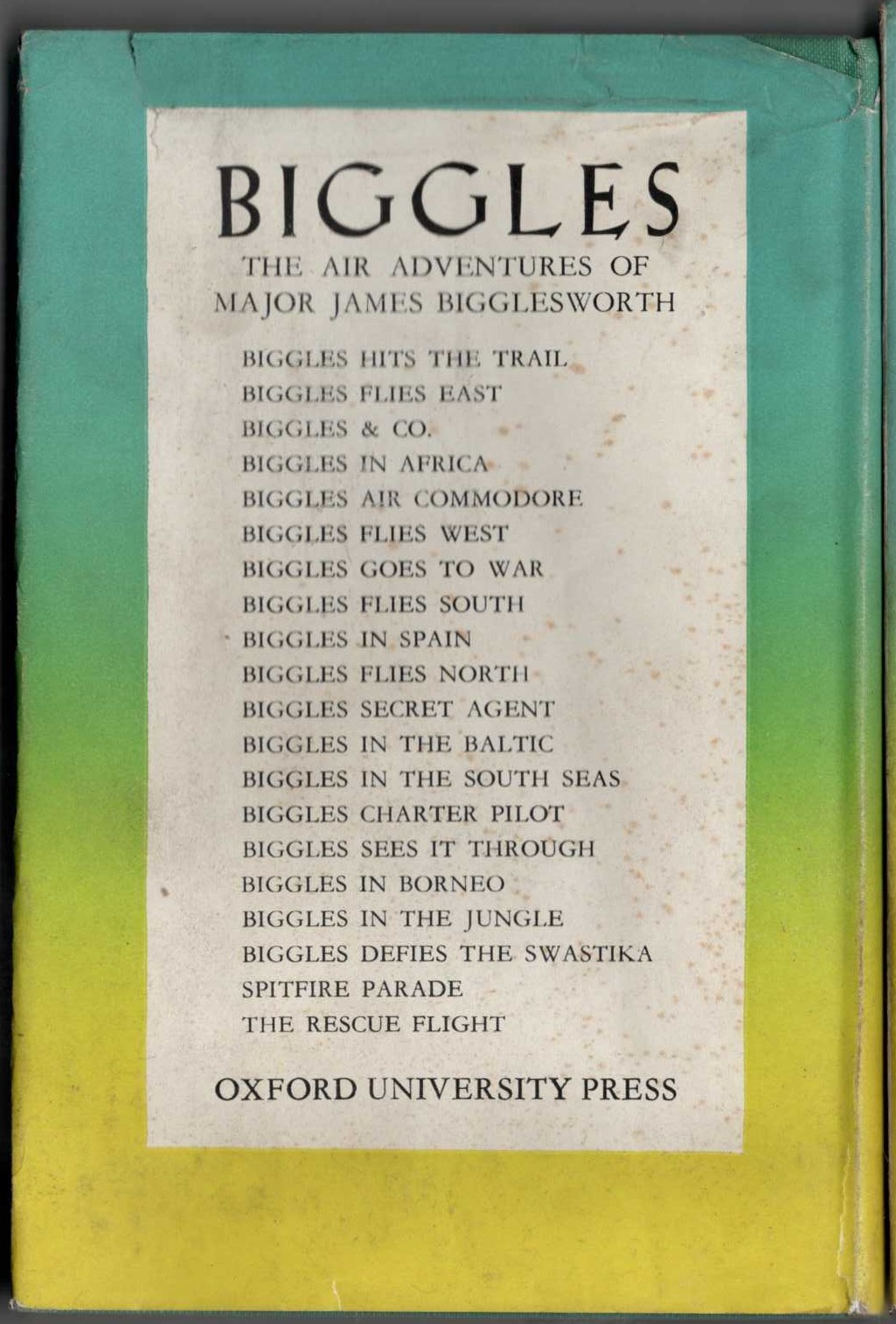 BIGGLES IN SPAIN magnified rear book cover image