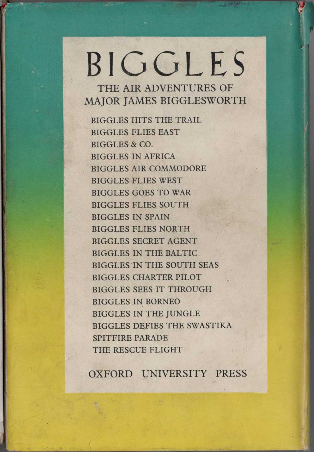 BIGGLES GOES TO WAR magnified rear book cover image