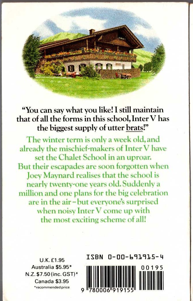 Elinor M. Brent-Dyer  EXCITEMENTS AT THE CHALET SCHOOL magnified rear book cover image