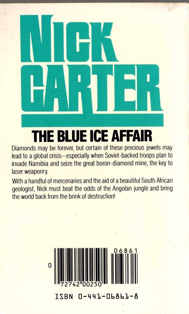 Nick Carter  THE BLUE ICE AFFAIR magnified rear book cover image