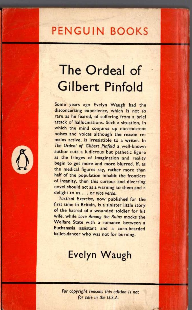 Evelyn Waugh  THE ORDEAL OF GILBERT PINFOLD magnified rear book cover image
