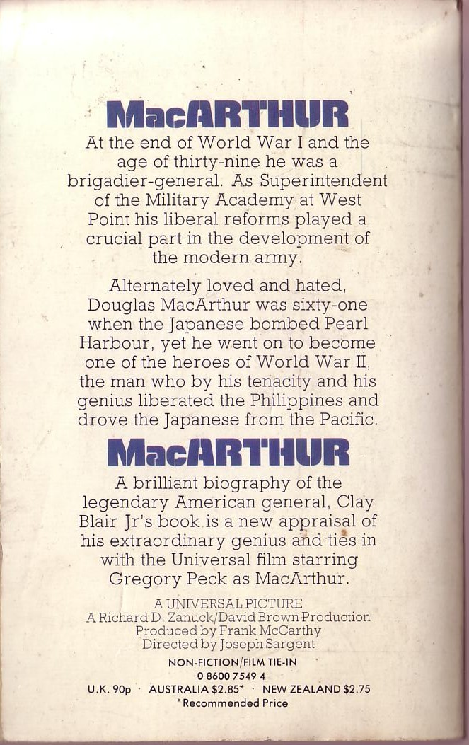 Clay Blair Jr.  MacARTHUR (Gregory Peck) magnified rear book cover image