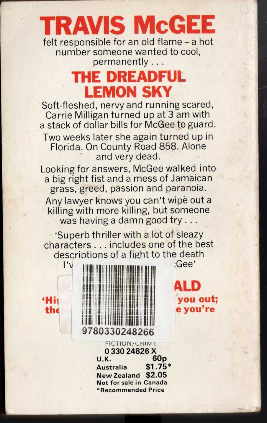 John D. MacDonald  THE DREADFUL LEMON SKY magnified rear book cover image