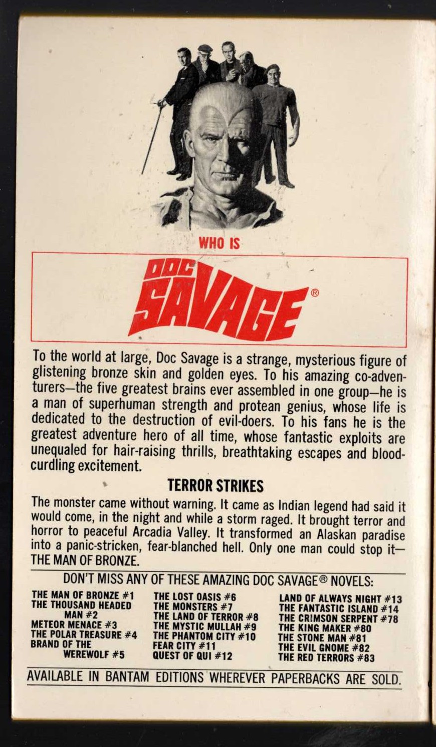 Kenneth Robeson  DOC SAVAGE: THE MOUNTAIN MONSTER magnified rear book cover image