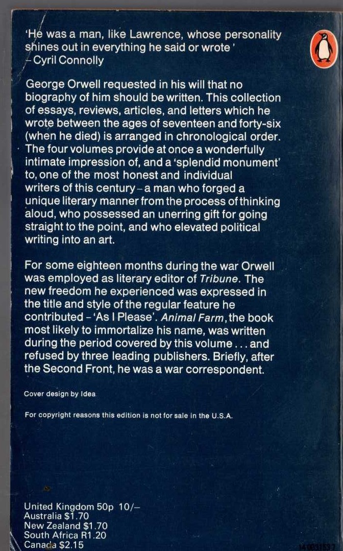 George Orwell  THE COLLECTED ESSAYS, JOURNALISM AND LETTERS OF GEORGE ORWELL. Volume 3. AS I PLEASE 1943 - 1945 magnified rear book cover image