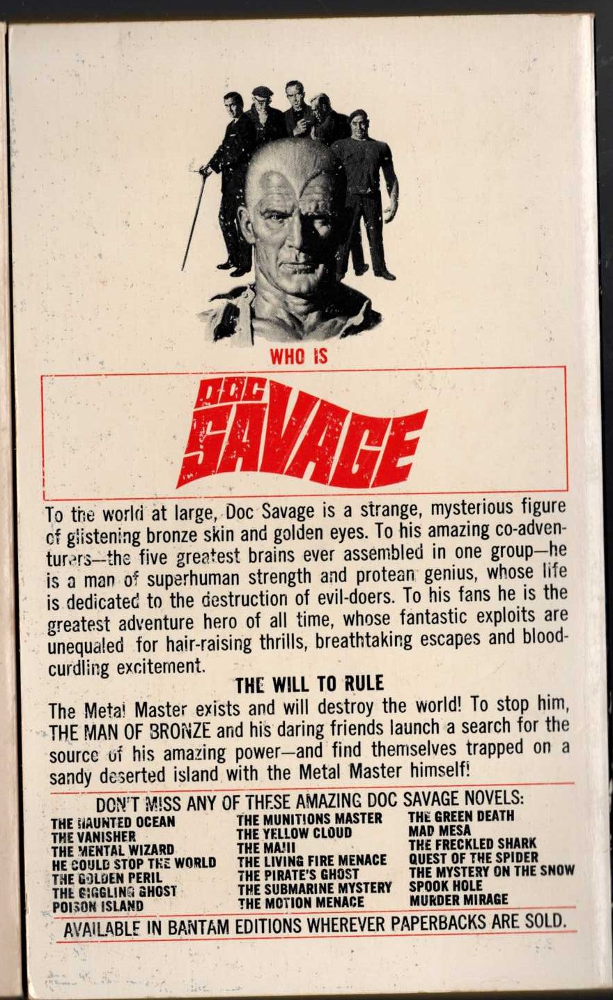 Kenneth Robeson  DOC SAVAGE: THE METAL MASTER magnified rear book cover image