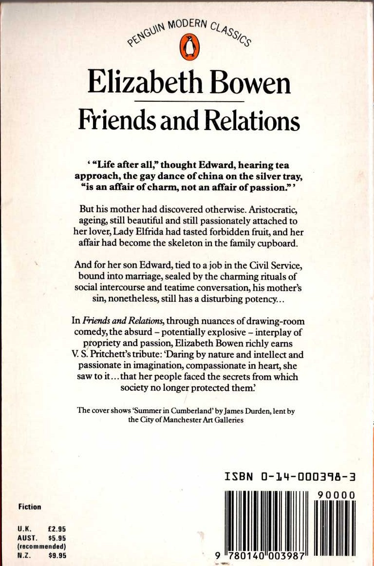 Elizabeth Bowen  FRIENDS AND RELATIONS magnified rear book cover image