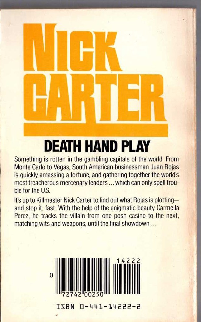 Nick Carter  DEATH HAND PLAY magnified rear book cover image