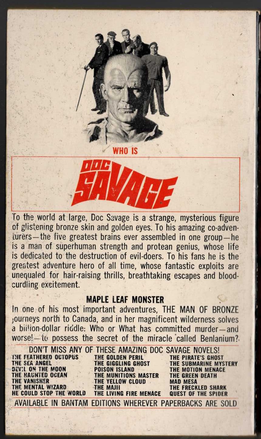 Kenneth Robeson  DOC SAVAGE: THE MYSTERY ON THE SNOW magnified rear book cover image
