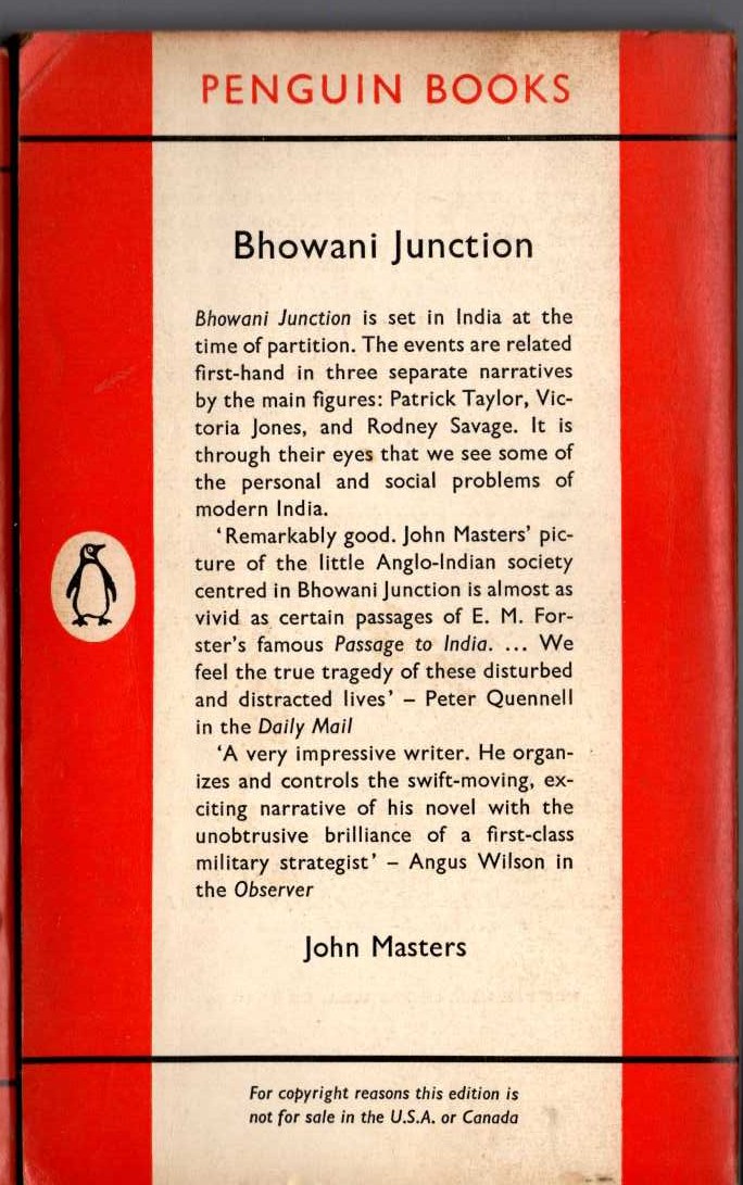 John Masters  BHOWANI JUNCTION magnified rear book cover image