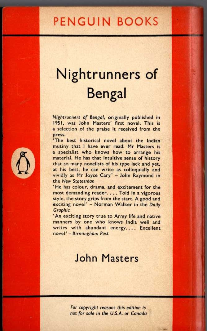 John Masters  NIGHTRUNNERS OF BENGAL magnified rear book cover image