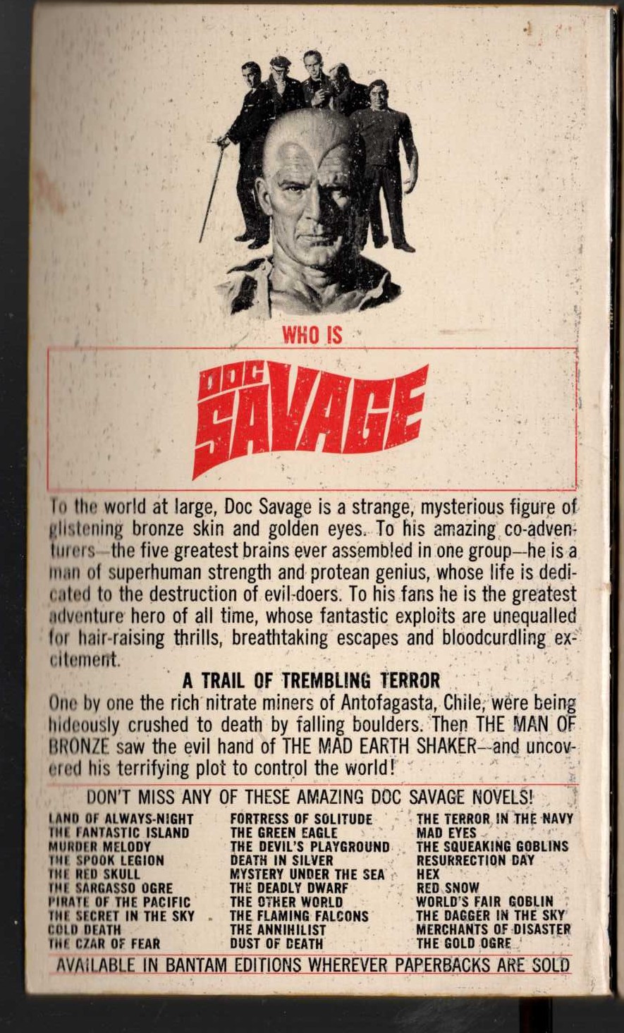 Kenneth Robeson  DOC SAVAGE: THE MAN WHO SHOOK THE EARTH magnified rear book cover image