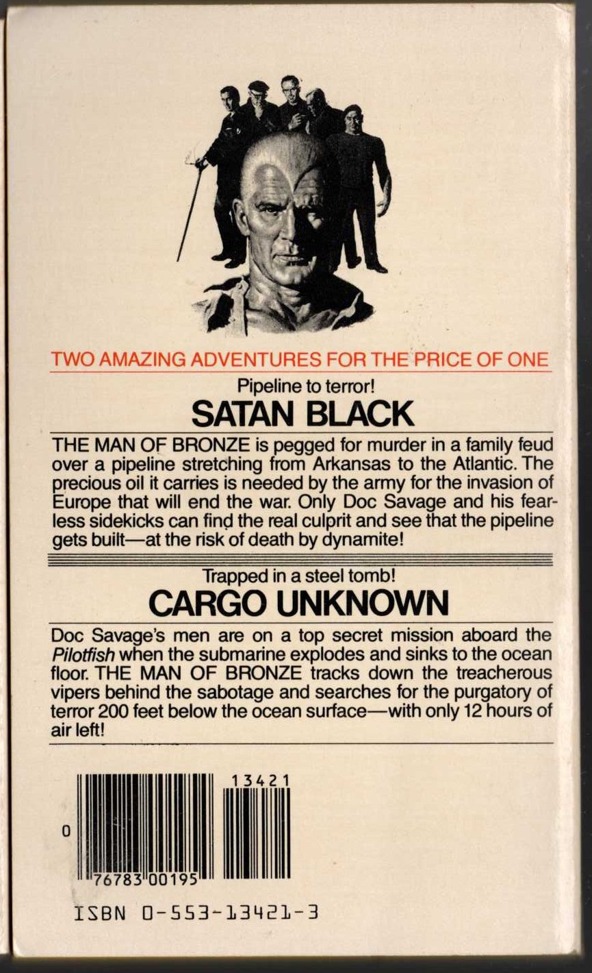 Kenneth Robeson  DOC SAVAGE: SATAN BLACK and CARGO UNKNOWN magnified rear book cover image