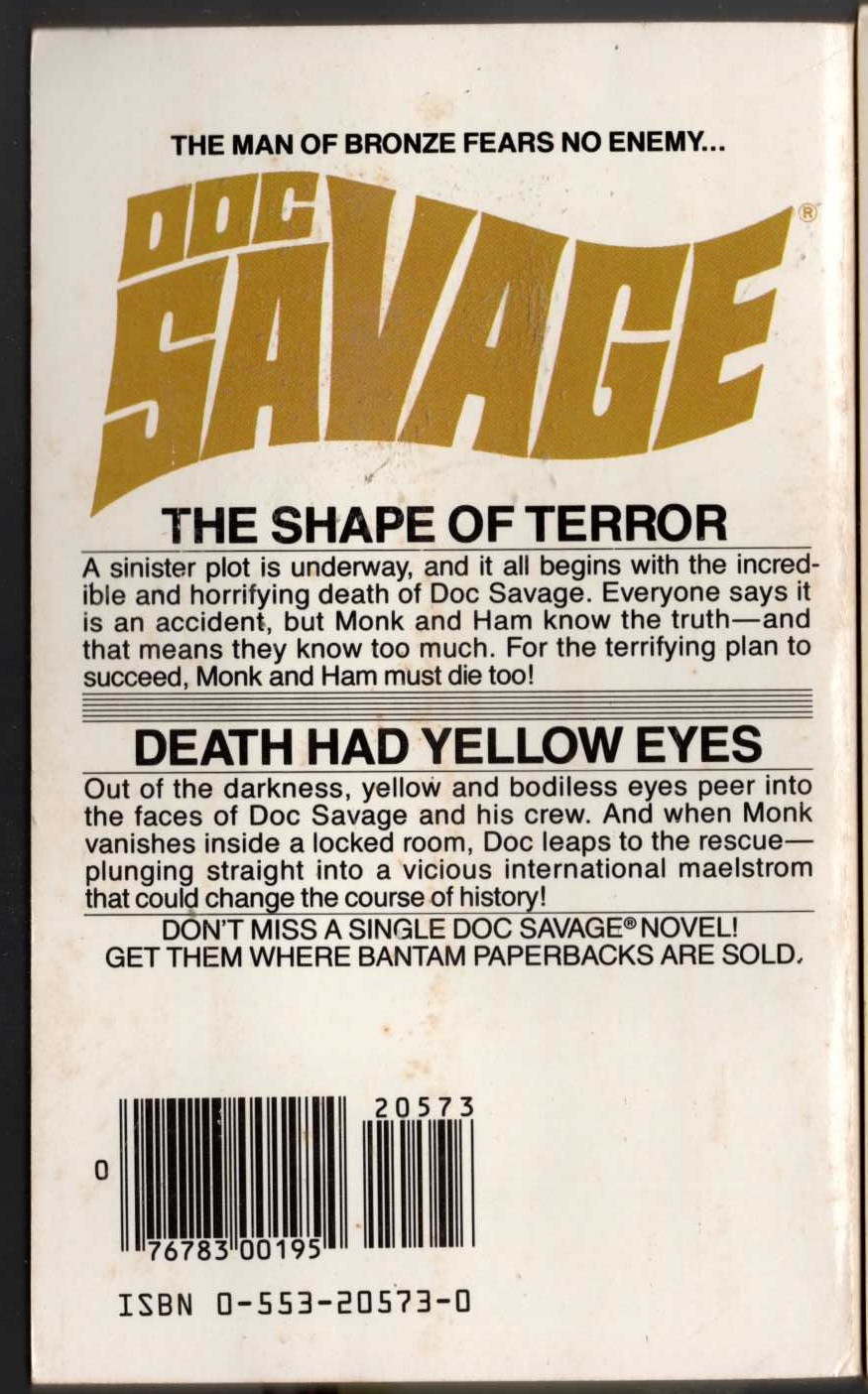 Kenneth Robeson  DOC SAVAGE: THE SHAPE OF TERROR and DEATH HAD YELLOW EYES magnified rear book cover image