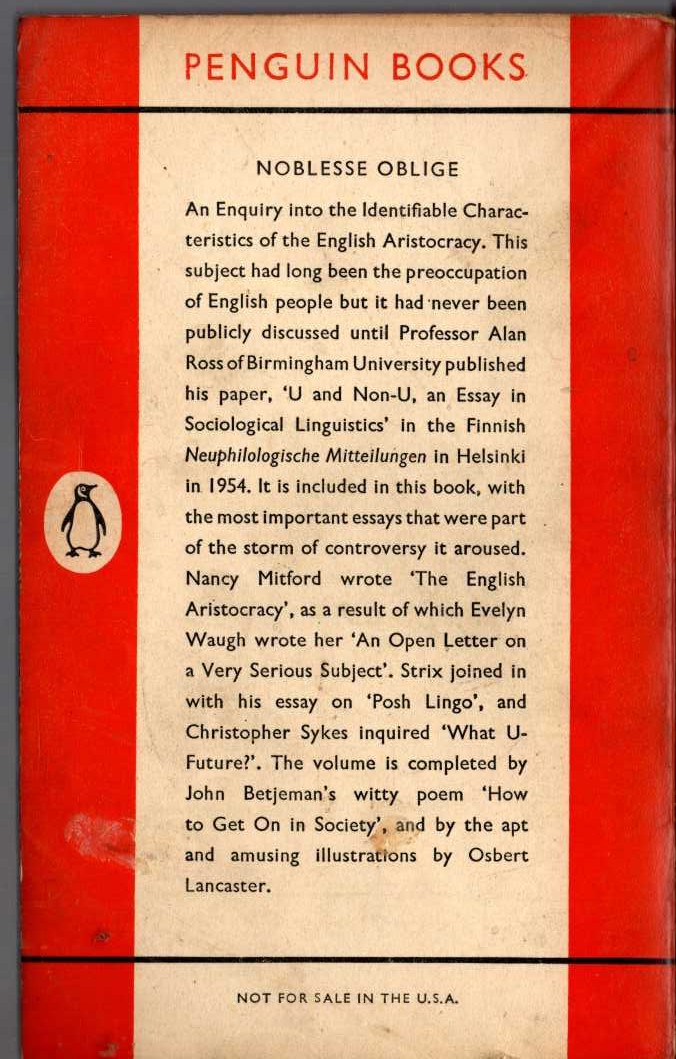 Nancy Mitford (edits) NOBLESSE OBLIGE magnified rear book cover image