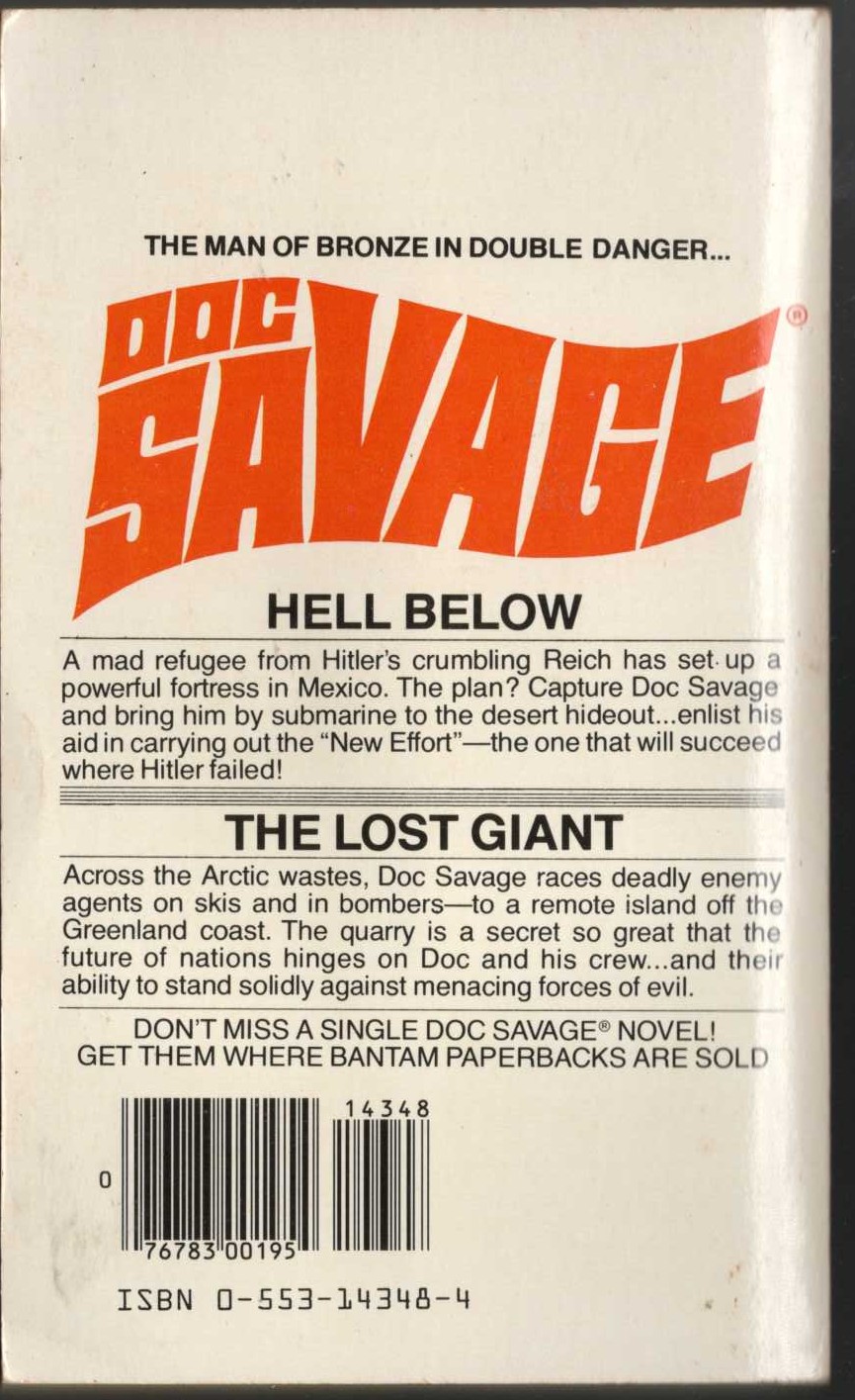 Kenneth Robeson  DOC SAVAGE: HELL BELOW and THE LOST GIANT magnified rear book cover image