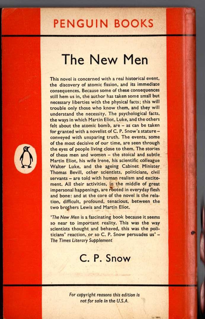 C.P. Snow  THE NEW MEN magnified rear book cover image
