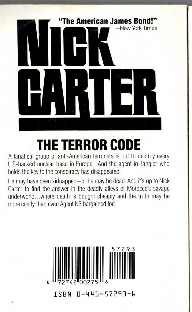 Nick Carter  THE TERROR CODE magnified rear book cover image