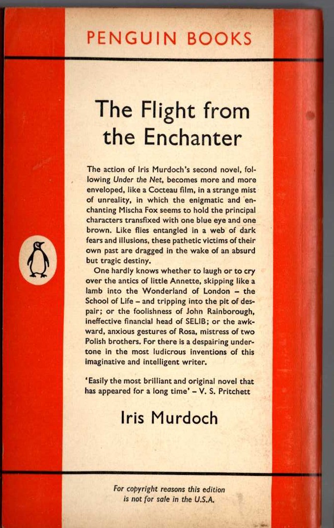 Iris Murdoch  THE FLIGHT OF THE ENCHANTER magnified rear book cover image