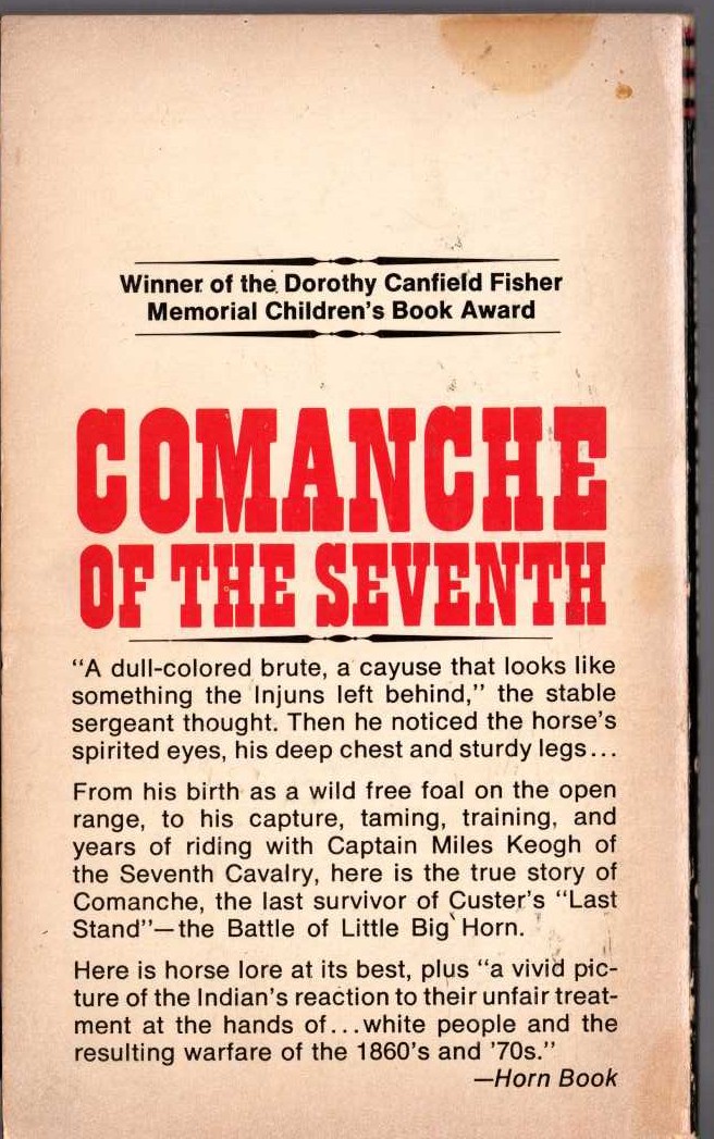 Magaret Leighton  COMANCHE OF THE SEVENTH. The true story of a great horse magnified rear book cover image