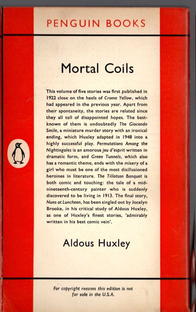 Aldous Huxley  MORTAL COILS. Five Stories magnified rear book cover image