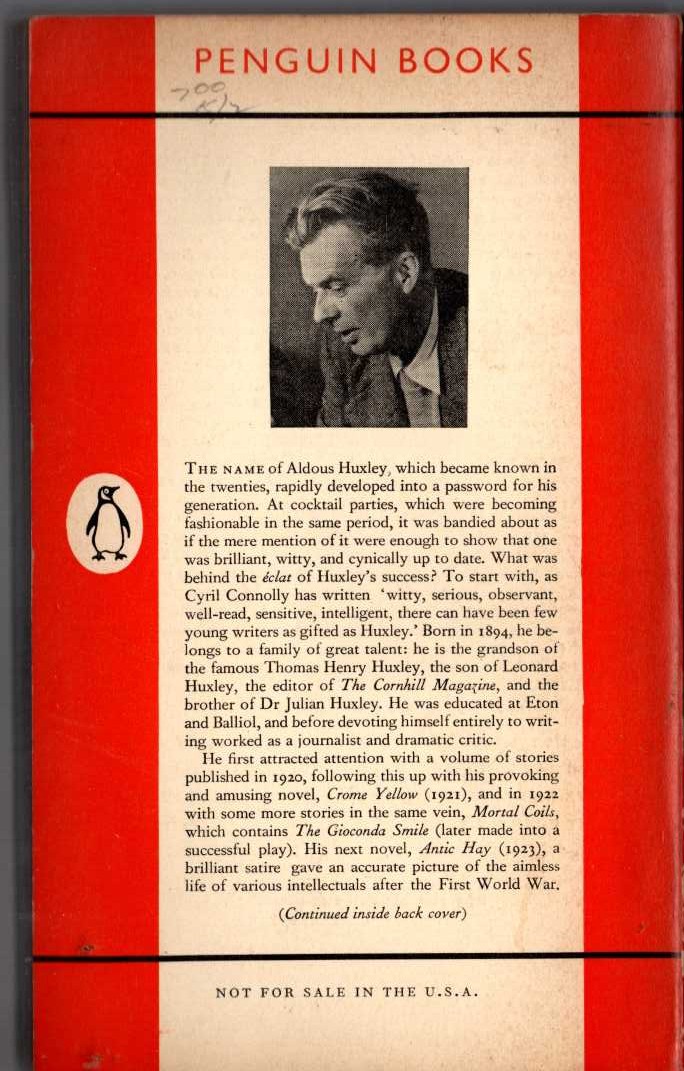 Aldous Huxley  ANTIC HAY magnified rear book cover image