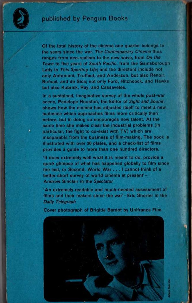 Penelope Houston  THE CONTEMPORARY CINEMA magnified rear book cover image