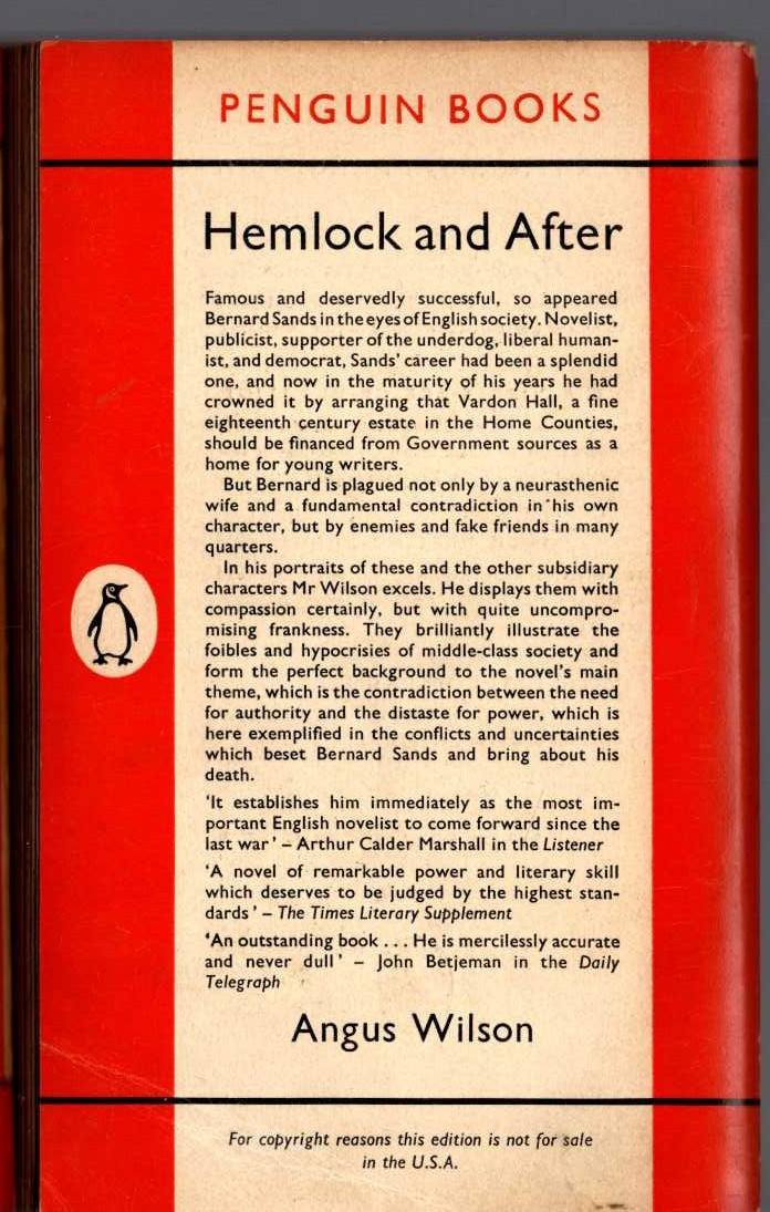 Angus Wilson  HEMLOCK AND AFTER magnified rear book cover image