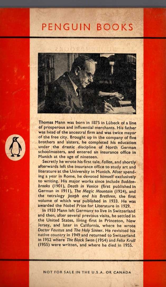 Thomas Mann  DEATH IN VENICE / TRISTAN / TONIO KROGER magnified rear book cover image