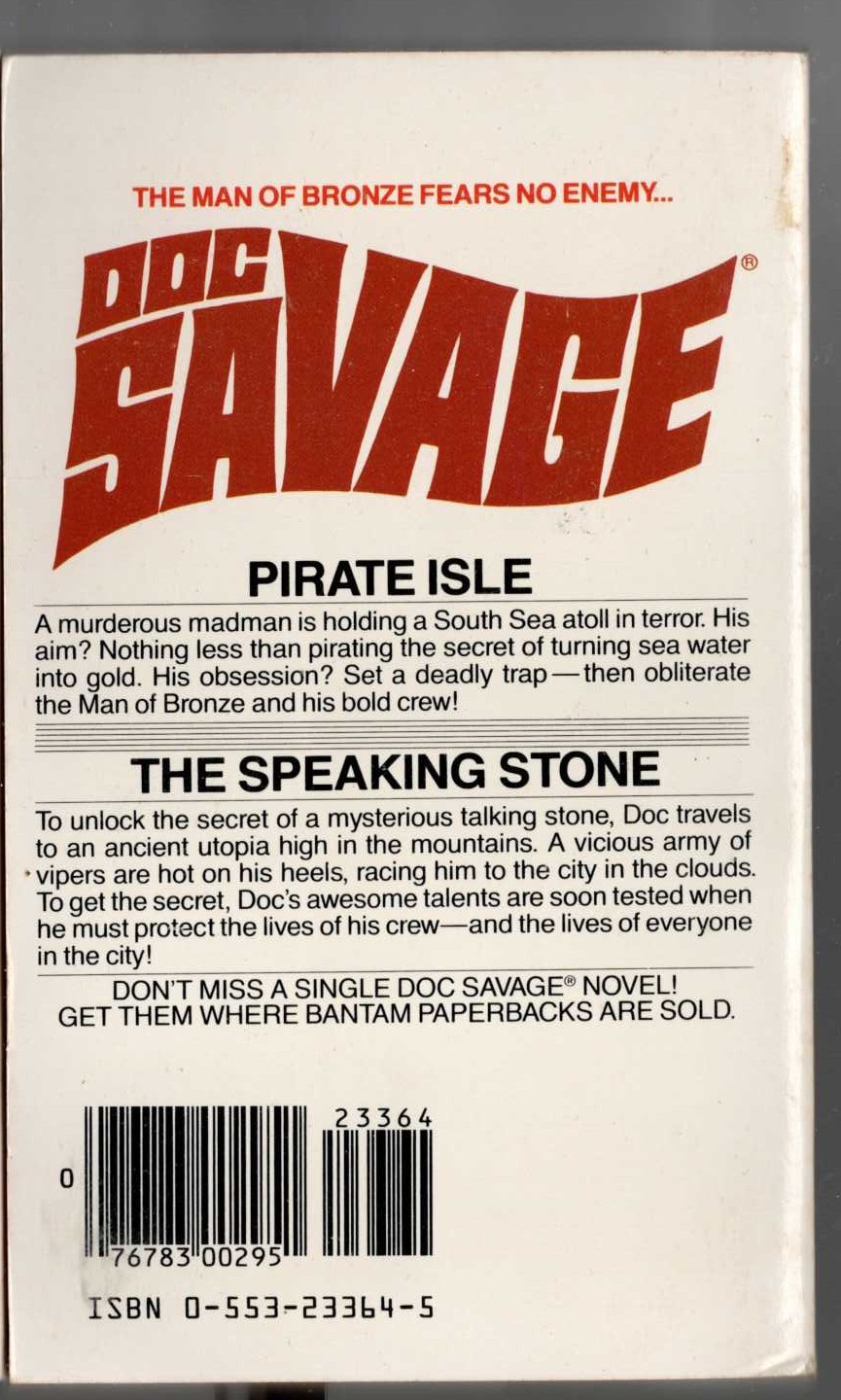 Kenneth Robeson  DOC SAVAGE: PIRATE ISLE and THE SPEAKING STONE magnified rear book cover image