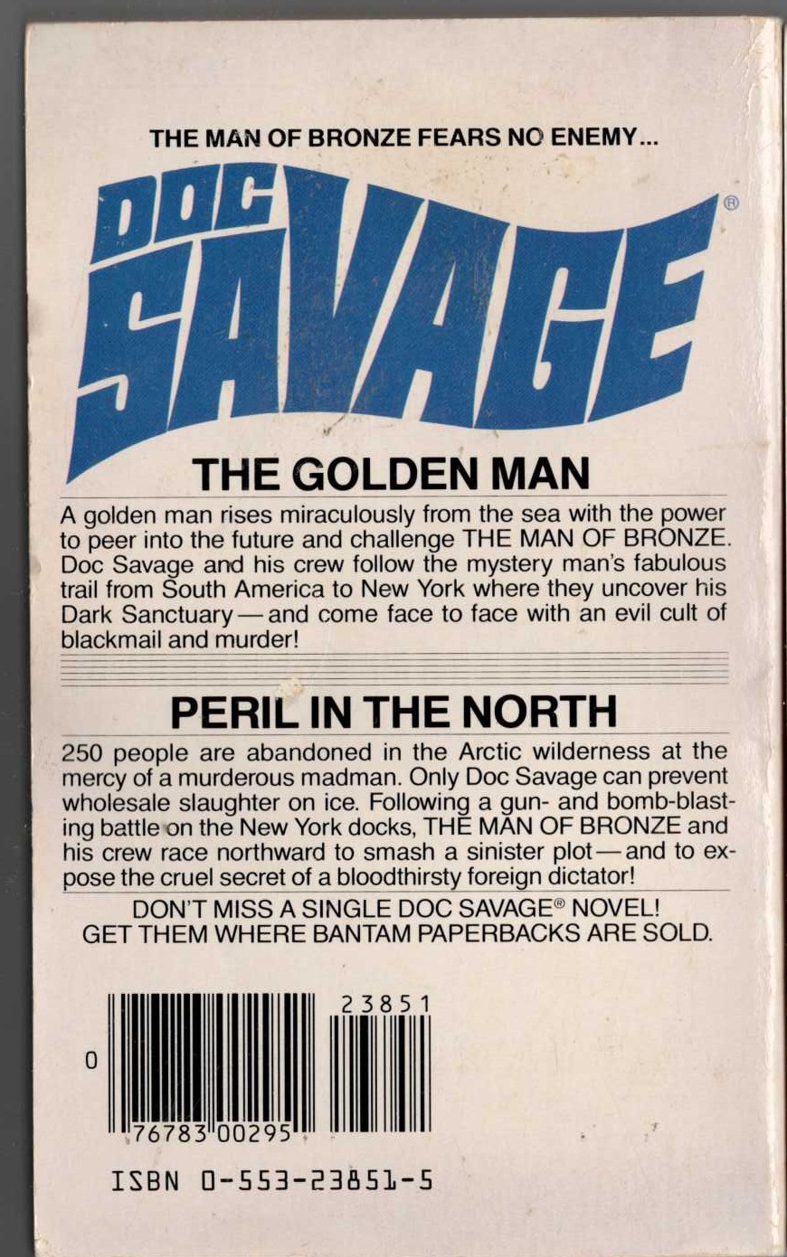 Kenneth Robeson  DOC SAVAGE: THE GOLDEN MAN and PERIL IN THE NORTH magnified rear book cover image