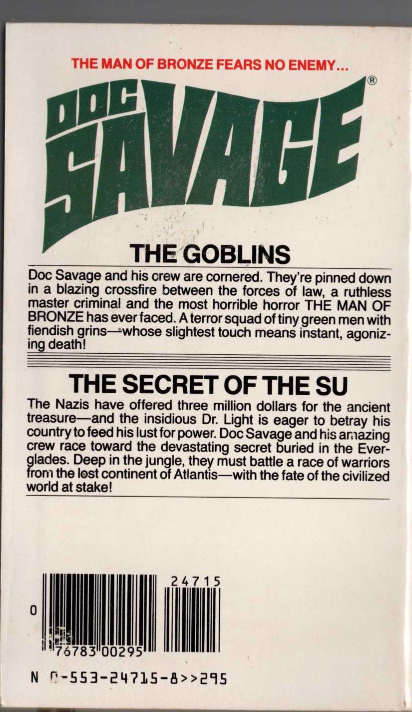 Kenneth Robeson  DOC SAVAGE: THE GOBLINS and THE SECRET OF THE SU magnified rear book cover image