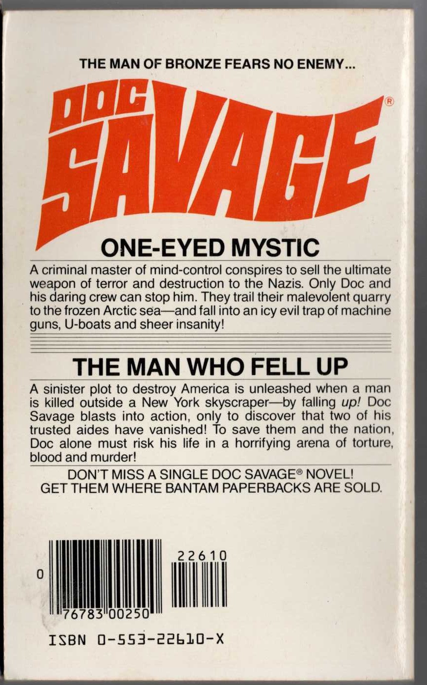 Kenneth Robeson  DOC SAVAGE: ONE-EYED MYSTIC and THE MAN WHO FELL UP magnified rear book cover image