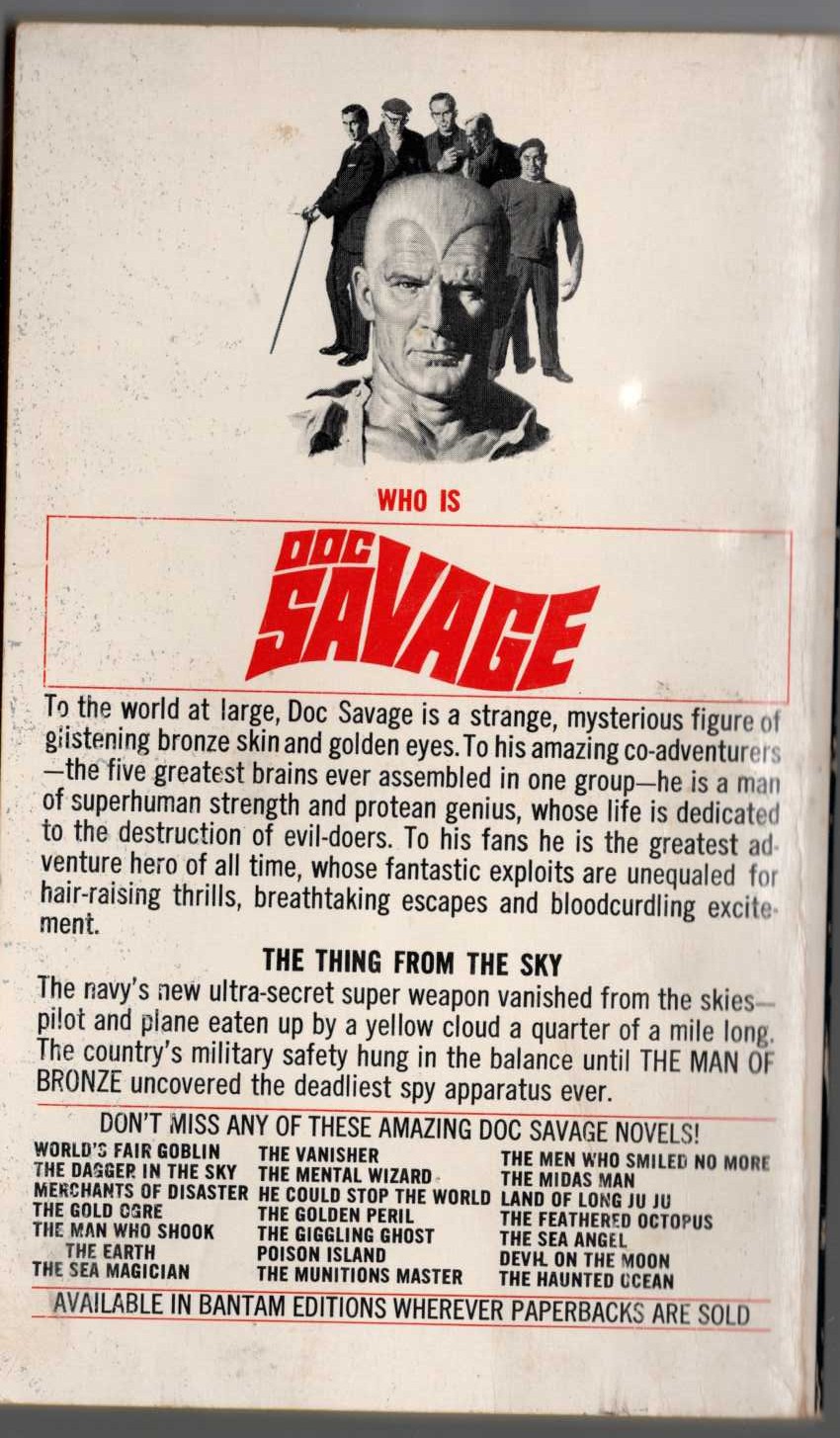 Kenneth Robeson  DOC SAVAGE: THE YELLOW CLOUD magnified rear book cover image