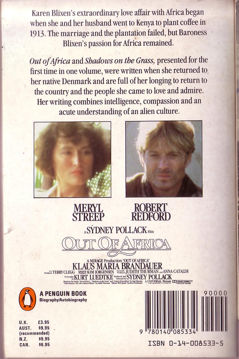 Karen Blixen  OUT OF AFRICA (Redford & Streep) magnified rear book cover image