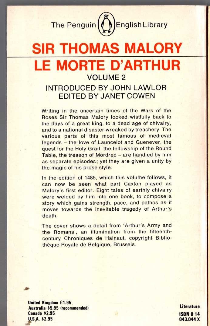 Sir Thomas Malory  LE MORTE D'ARTHUR. Volume 2 magnified rear book cover image