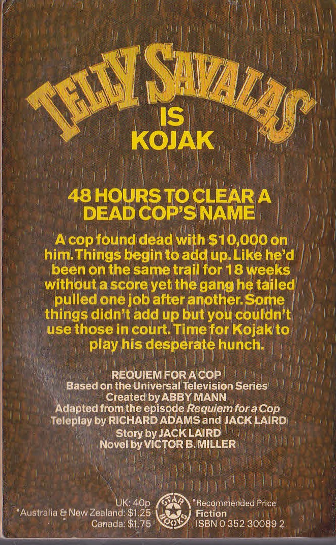 Victor B. Miller  KOJAK: REQUIEM FOR A COP magnified rear book cover image