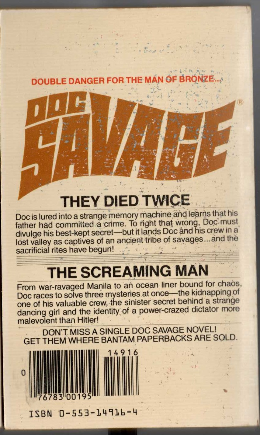 Kenneth Robeson  DOC SAVAGE: THEY DIED TWICE and THE SCREAMING MAN magnified rear book cover image