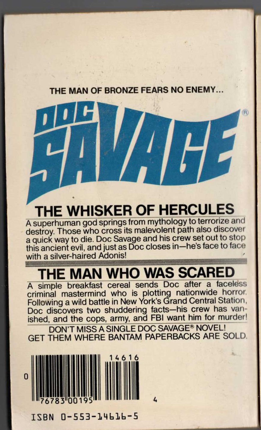 Kenneth Robeson  DOC SAVAGE: THE WHISKER OF HERCULES and THE MAN WHO WAS SCARED magnified rear book cover image