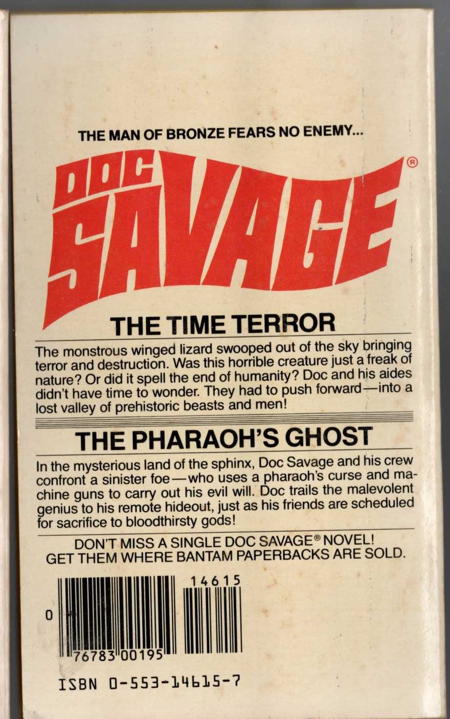 Kenneth Robeson  DOC SAVAGE: THE PHARAOH'S GHOST and THE TIME TERROR magnified rear book cover image