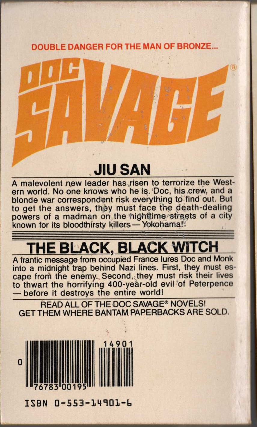 Kenneth Robeson  DOC SAVAGE: JIU SAN and THE BLACK, BLACK WITCH magnified rear book cover image